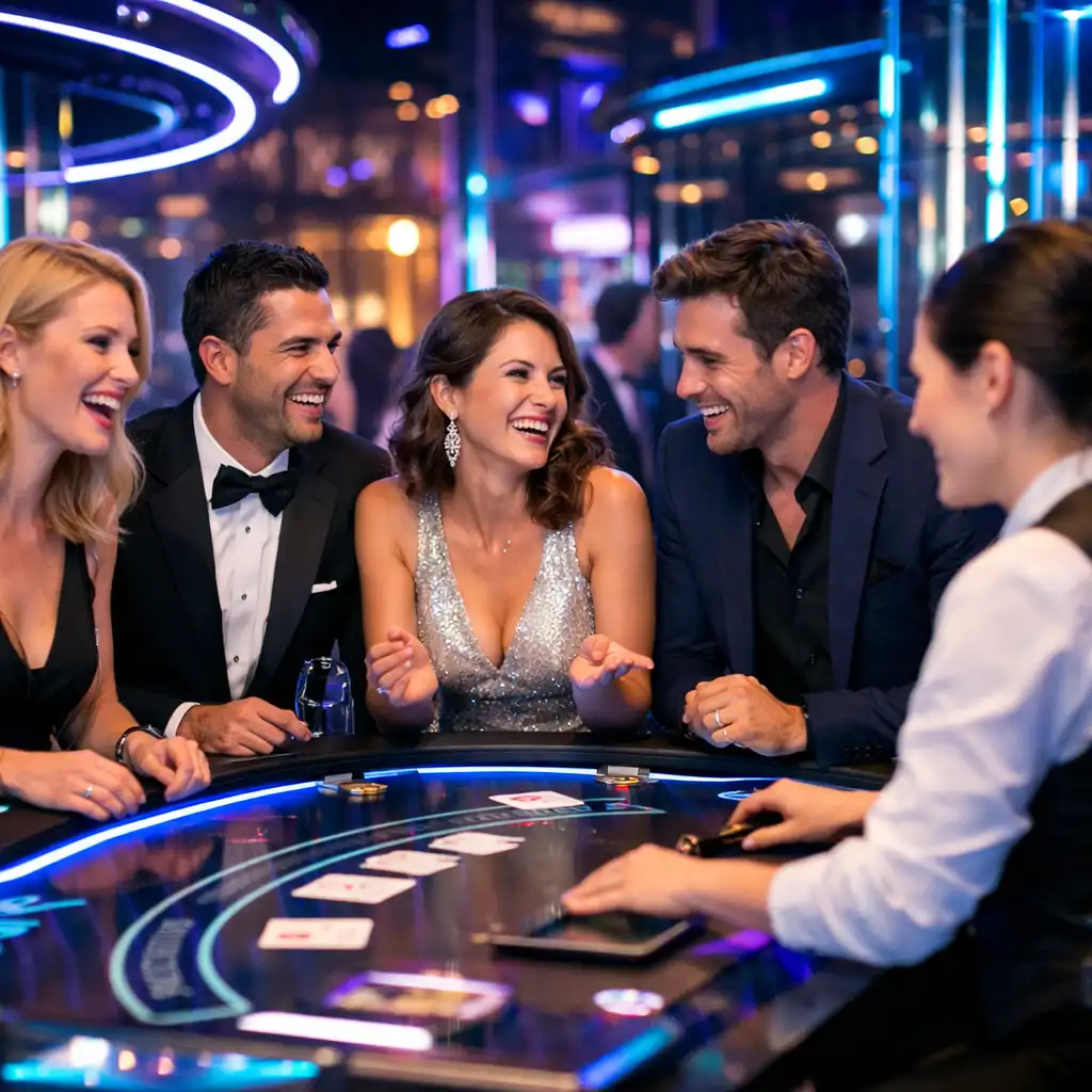 Goście przy mobilnym stole pokerowym w neonowej oprawie świetlnej