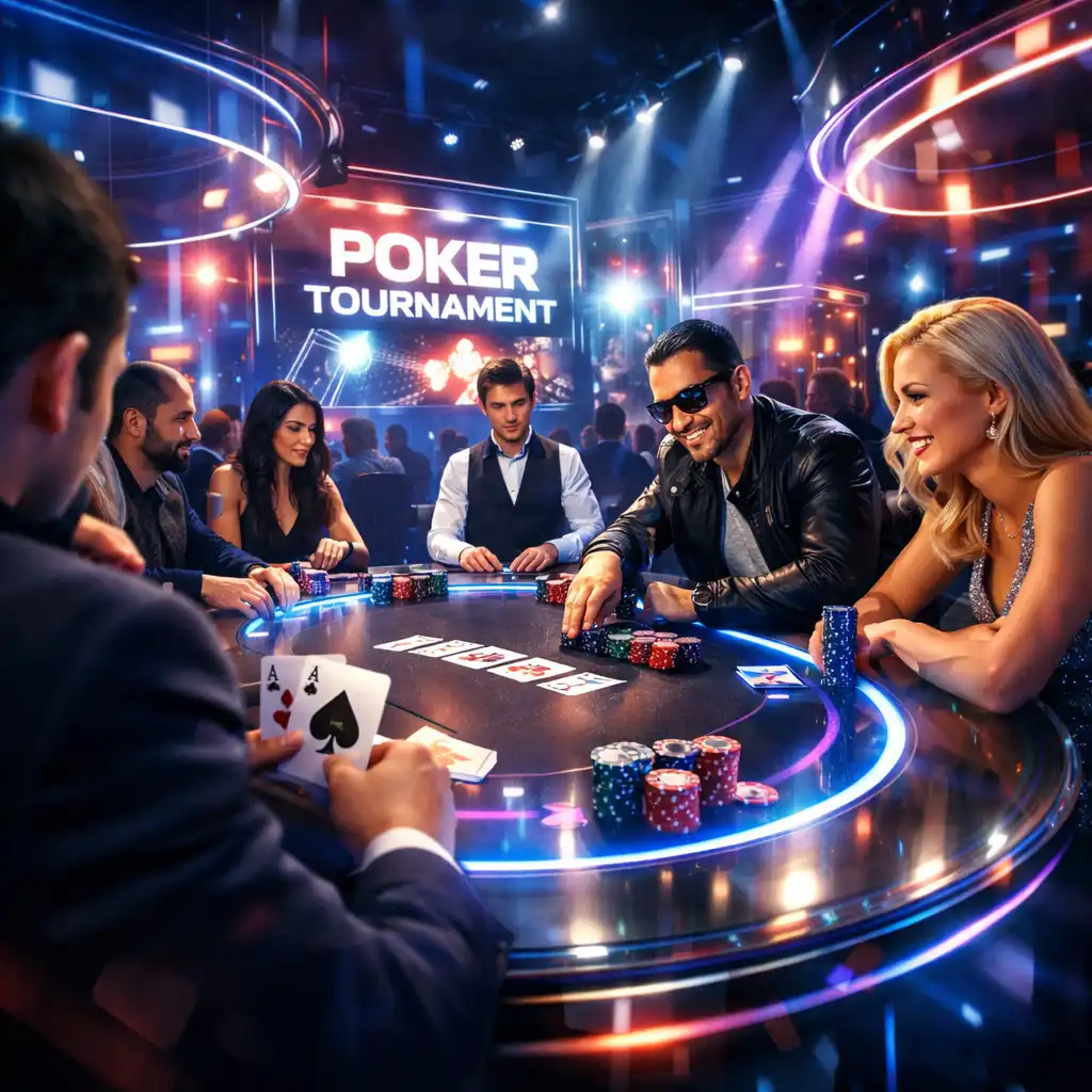 Futurystyczna oprawa świetlna przy stole pokerowym na wydarzeniu