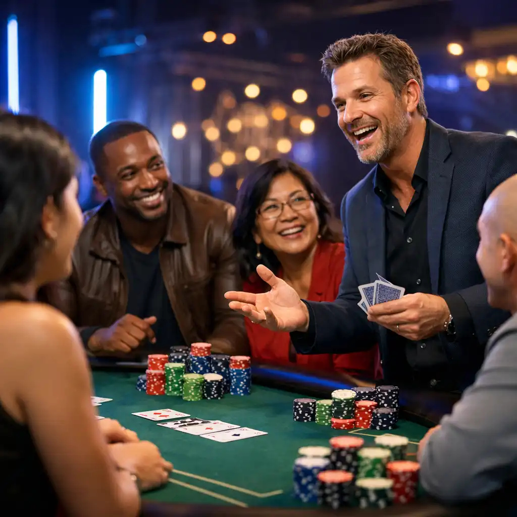 Goście bawiący się przy rekreacyjnym stole pokerowym na evencie
